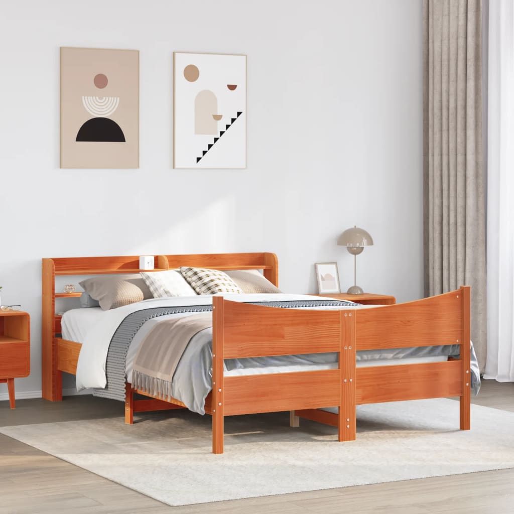 Bed Frame with Headboard Wax Brown 135x190 cm Double Solid Wood Pine